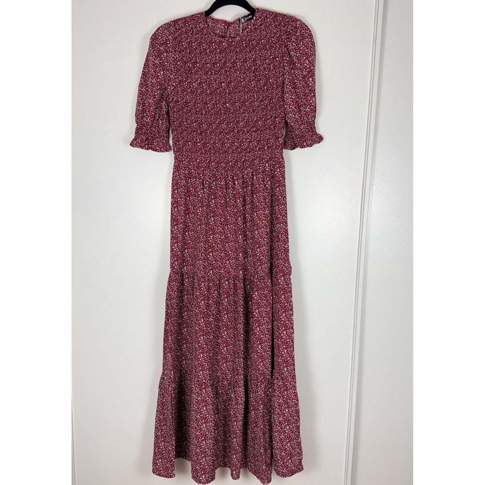 BTFBM Smocked Maxi Dress Women S Burgundy NWT Cottagecore Boho Floral Prairie